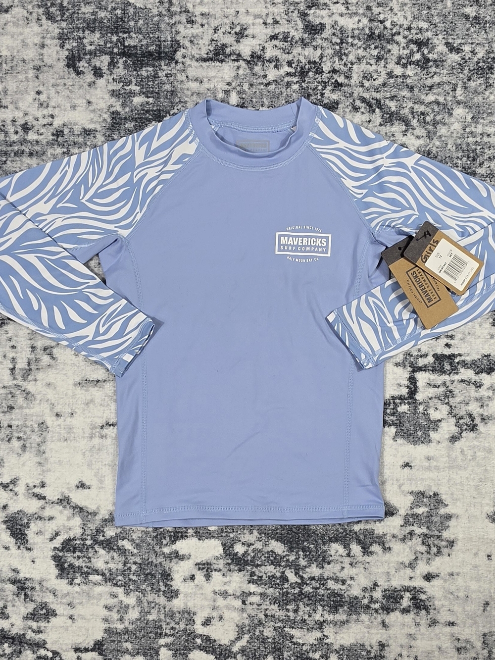 Mavericks Surf Company Girls UPF 50 Rash Guard Blue Zebra Print Size 12 NWT